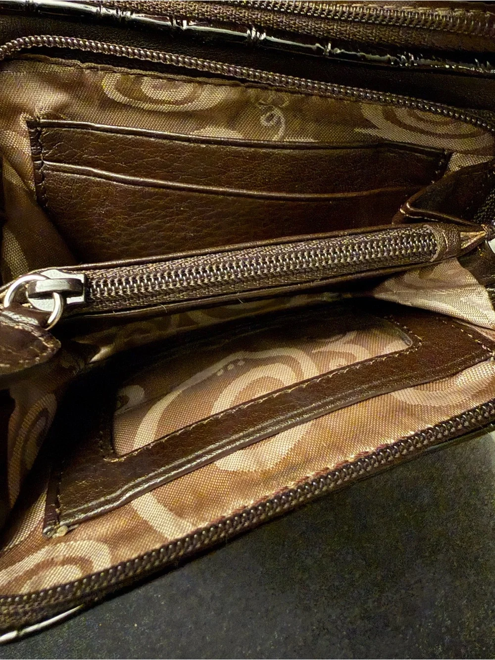 Braided Accent Patent Croc Wallet with Heart Charm - Brown